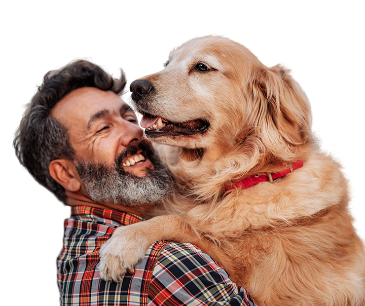 middle-aged man hugging a very large golden retriever